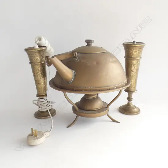 3 BRASS ITEMS 2 LAMP STANDS AND SPIRIT KETTLE