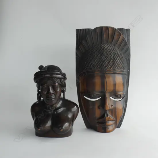 2 X CARVINGS EBONY? WOMAN + WALL MASK