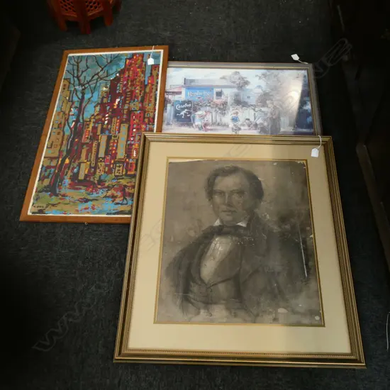 3 FRAMED ART WORKS; 1 OIL + 2 PRINTS  LARGEST  390 X 790MM