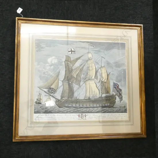 COLOURED PAPER ENGRAVING HMS INVINCIBLE 1751 510x580mm