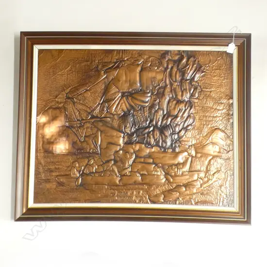 1970'S 'BURNING OF THE BOYD WHANGAROA HARBOUR' EMBOSSED COPPER PLAQUE 600 X 750mm