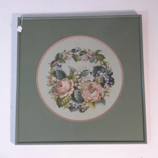 LARGE FRAMED FLORAL NEEDLEPOINT EMBROIDERY 475mm dia / 705x685mm