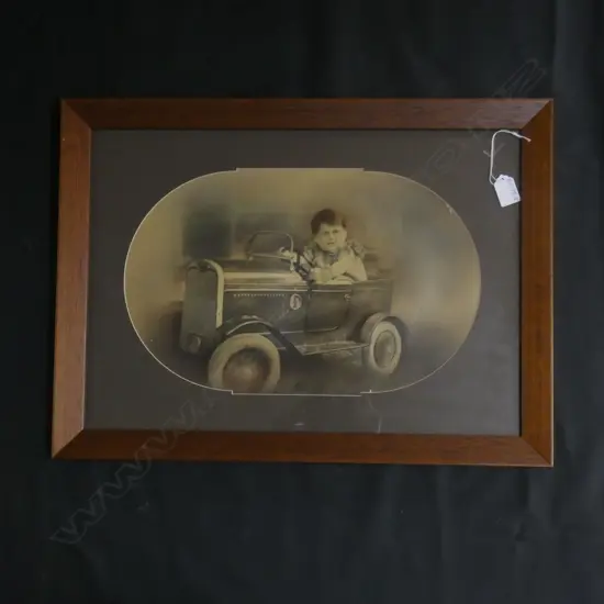 C1900 HAND COLOURED B&W PHOTO BOY IN PEDAL CAR 270 x 415mm