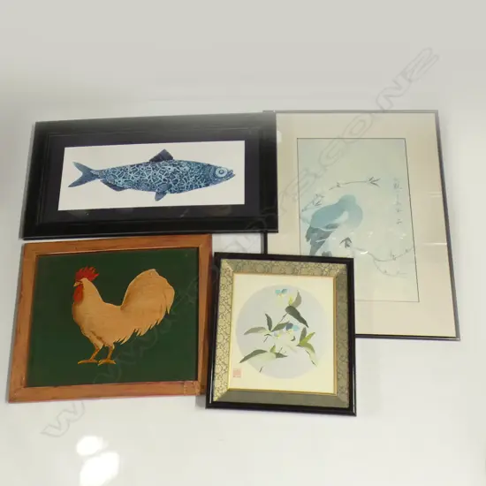 4 ARTWORKS; ORIENTAL BIRD PRINT, ORIENTAL FLORAL, FOLK ART CHICKEN 315x395mm, MANDY TAIT BLUE FISH PRINT