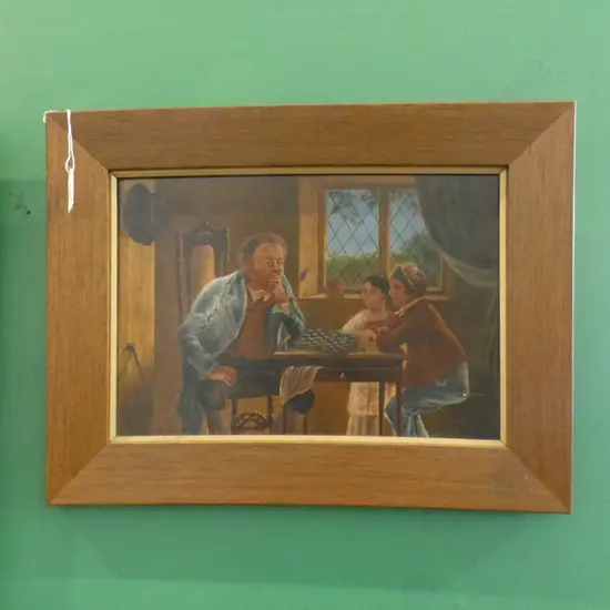 ARTIST UNKNOWN ANTIQUE STYLE NAIVE OIL; FAMILY PLAYING CHECKERS 230x330mm