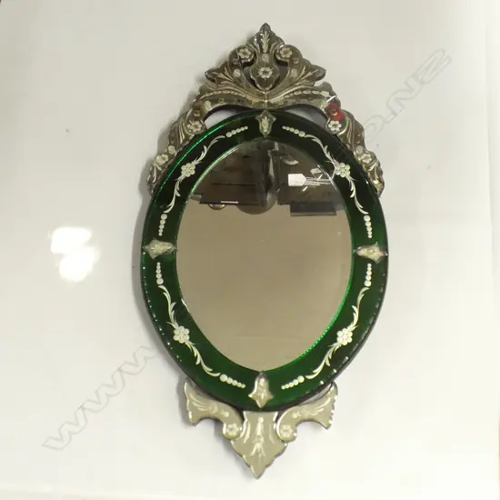 VENETIAN SECTIONAL WALL MIRROR. ENGRAVED COLOURED H.1000mm GREEN FRAME HAS DAMAGE