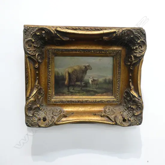ANTIQUE STYLE SHEEP PRINT w. CRAQUELURE OIL LOOK IN GILT FRAME 115x165mm