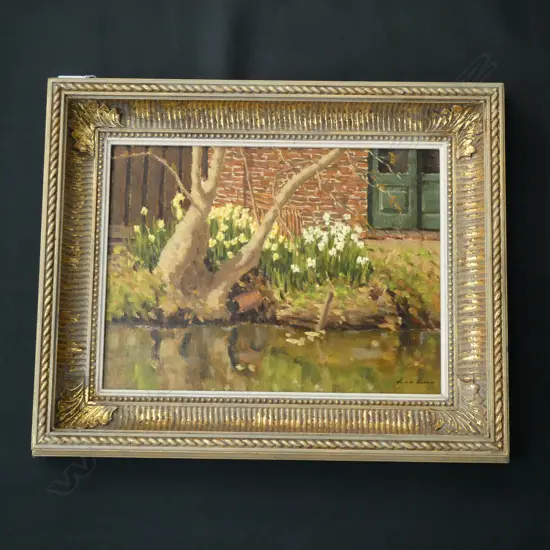 LEO VAN DEN ENDE; CANAL w. SPRING FLOWERS 'VOORHOUT' OIL 300x400mm