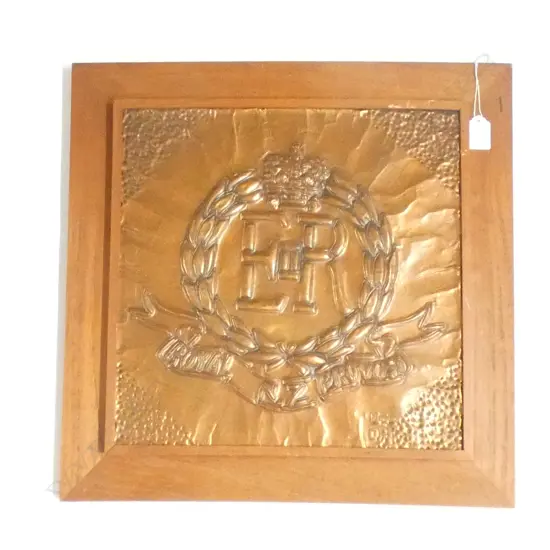 VINTAGE EMBOSSED COPPER PLAQUE 'ERII ROYAL NZ PROVOST'  H. 365 x 365mm FRAMED & SIGNED