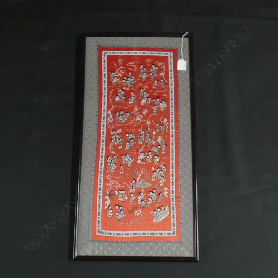 CHINESE SILK EMBROIDERY MULTIPLE CHILDREN ON RED FRAMED. 660 x 330mm