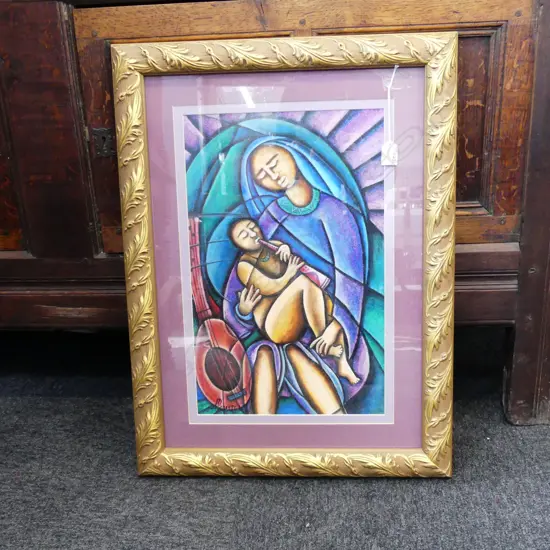 ABSTRACT MOTHER & CHILD PAINTING IN GILT FRAME 300 X 500MM