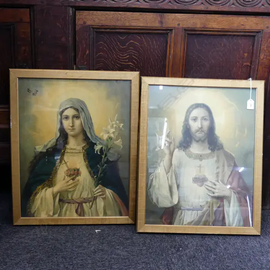 2 RELIGIOUS FRAMED PRINTS; SACRED HEART & MARY 385 X 500MM