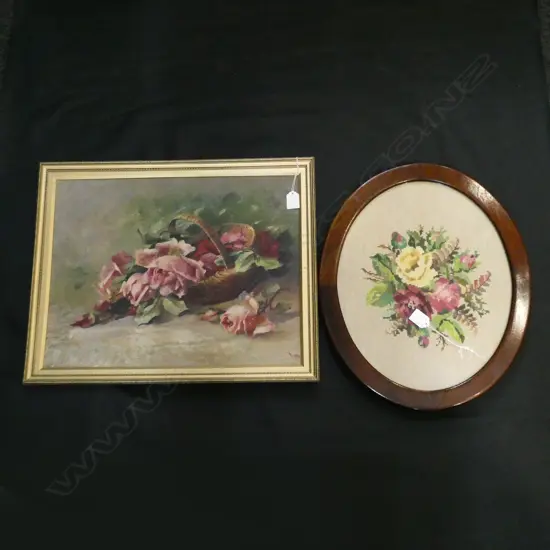 FRAMED TAPESTRY AND OIL STILL LIFE 