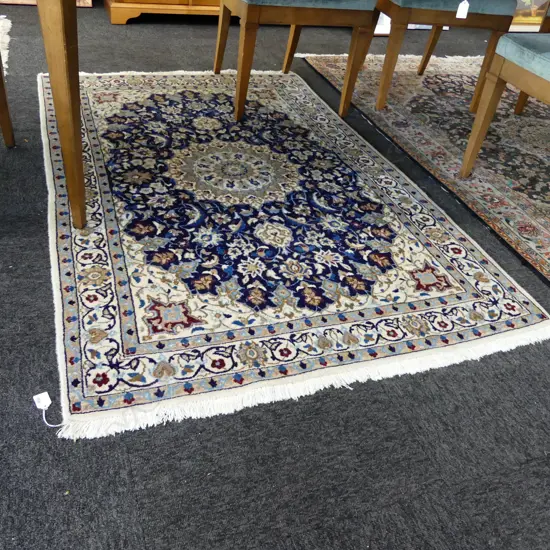 IRANIAN NAIN HAND KNOTTED RUG BLUE & IVORY TONES L. 1700 x  1100mm