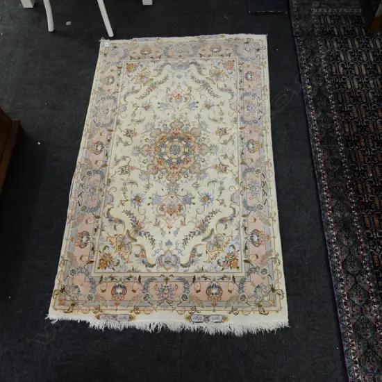 FINE PERSIAN RUG SILK HIGHLIGHTS BLUE CREAM & PINK  signed, fringe with some loss 1680 x 1000mm