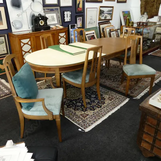 DREXEL EXTENSION DINING TABLE AND SIX CHAIRS (one carver/3 leaves)
