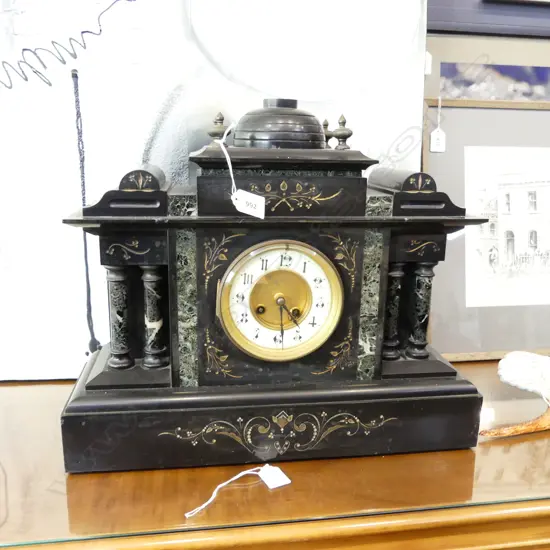 ANTIQUE BLACK MARBLE MANTLE CLOCK W.460mm