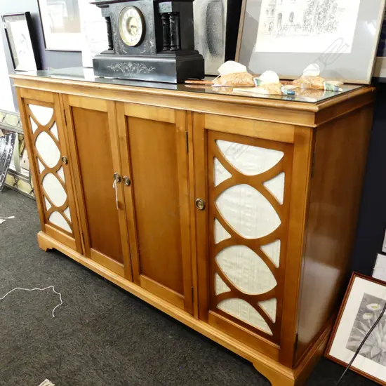 DREXEL SIDEBOARD WITH GLASS TOP, FABRIC SIDE DOORS 1500 x 470 x 920mm