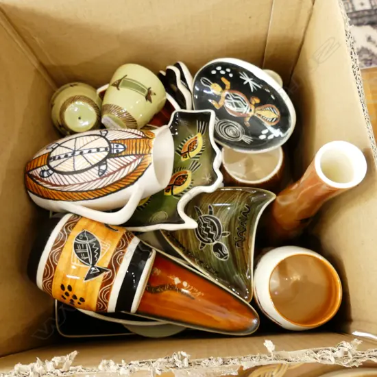 BOX LOT ASST ANIMAL AUSTRALIANA POTTERY INCL STUDIO ANNA VASES, DISHES ETC.. 