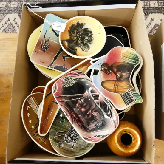 BOX ASST AUSTRALIAN ABORIGINAL THEMED POTTERY INCL VANDA, STUDIO ANNA ETC..