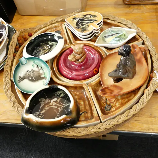 CANE TRAY OF AUSTRALIANA POTTERY  