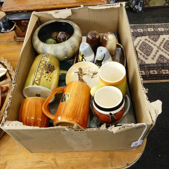 BOX ASST AUSTRALIAN POTTERY INCL RAMEKINS, AUSTRALIANA S&P SHAKER ETC.