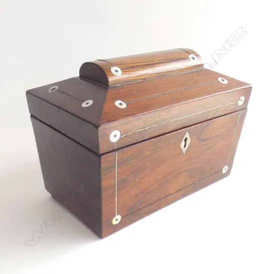 19TH CENTURY ROSEWOOD TEA CADDY SARCOPHUGUS SHAPED MOP INLAY