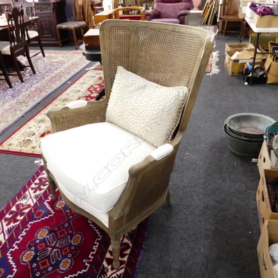 FRENCH STYLE DOUBLE WICKHAM CANE ASH ARMCHAIR w. DESIGNER CUSHION
