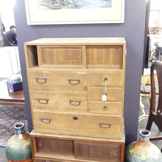VINTAGE SM JAPANESE DARK STAINED WOODEN TANSU CHEST 6-DRAWER 2 DOOR 565 X 295 X 580MM