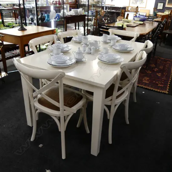 PAINTED DINING TABLE AND SIX CHAIRS woven cane seats 1500 x 900 x 770mm