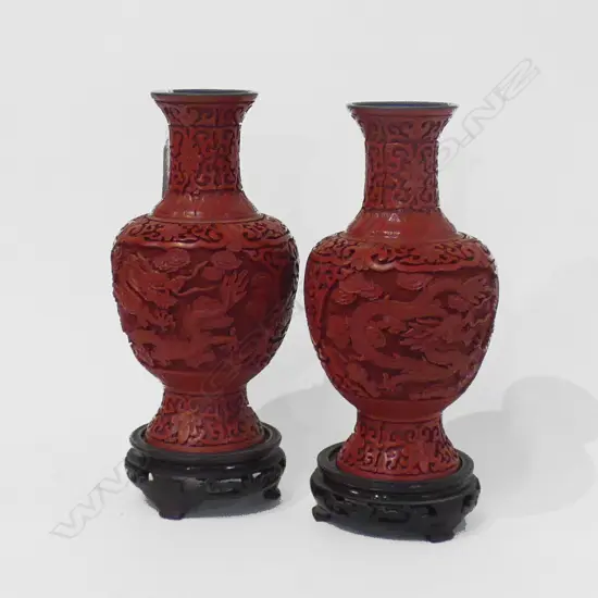 PAIR OF CINNABAR VASE’S H.230mm  with wooden stands