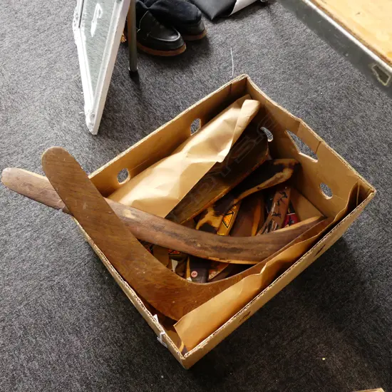 BOX ASST WOODEN BOOMERANGS ETC..