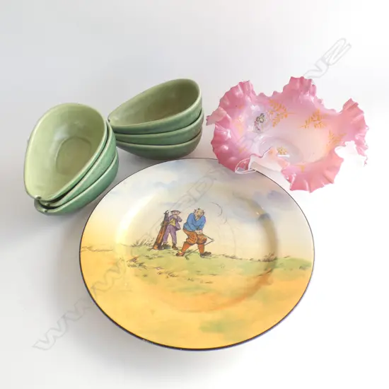 CROWN DUCAL GOLFING PLATE 260mm dia + 6 NZ POTTERY AVOCADO DISHES + PINK VICTORIAN FRILLED GLASS DISH 230mm dia