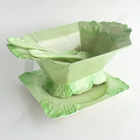 3 PCS CARLTON WARE ART DECO LETTUCE LEAF DISHES C1940-50's; LG BOWL, PLATE  (SOME BRUISING) & PR SALAD SERVERS