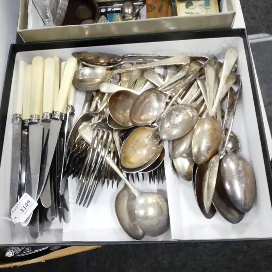 BOX ASST VINTAGE SILVER PLATE CUTLERY INCL FAUX BONE HANDLE KNIVES
