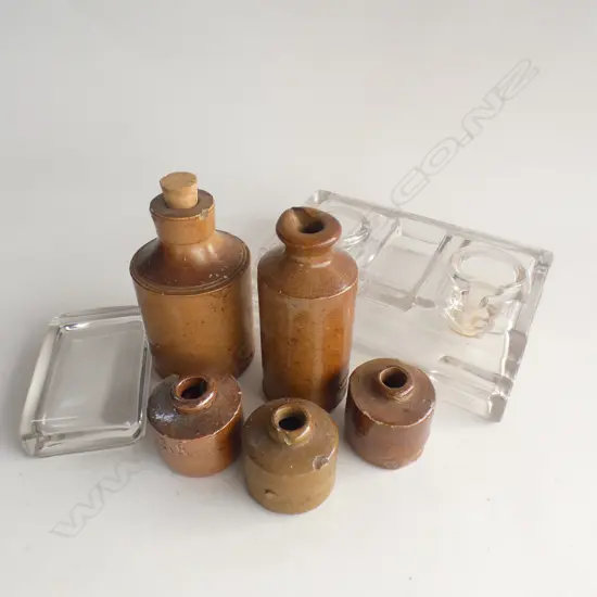 BOX ANTIQUE INK ITEMS: 5 STONEWARE BOTTLES. INKWELL + BLOTTER WEIGHT ?