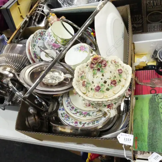 BOX LOT EP ENTREE DISHES, EP STAND, CHINA ETC