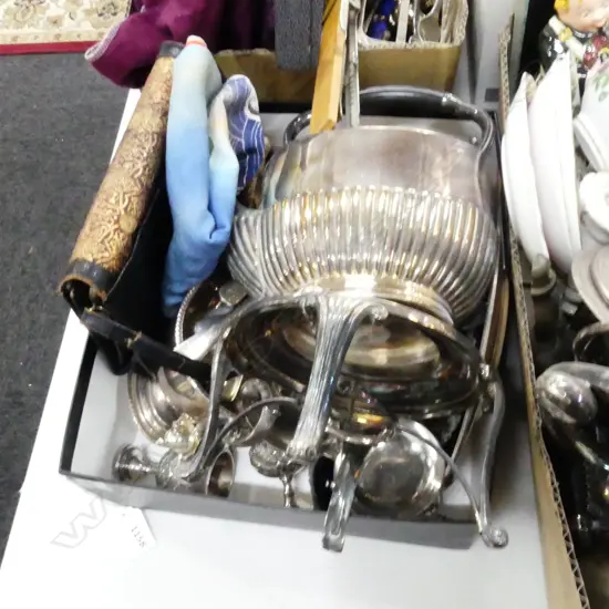 BOX LOT ASST. SILVER PLATE INCL. SPIRIT KETTLE / BAG ETC