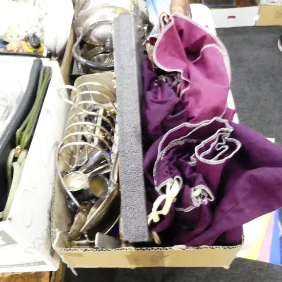 BOX LOT ASST. EP CUTLERY, CONDIMENTS, STAMP ALBUM, CUTLERY BAGS ETC