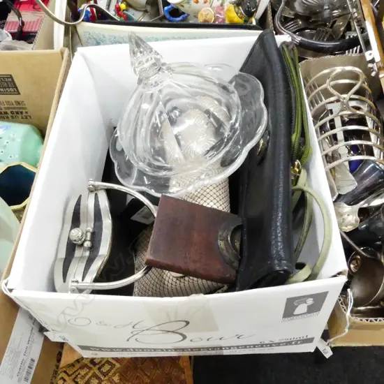 BOX LOT ASST. BAGS ETC