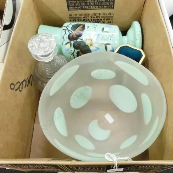 BOX OF 4 ITEMS VICTORIAN GLASS VASE, DECANTER CLOISONNE CONTAINER & GREEN SPOTTED BOWL