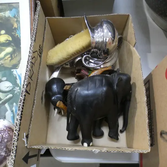 BOX LOT EBONY ELEPHANTS, CAMELS, STG BRUSH ETC