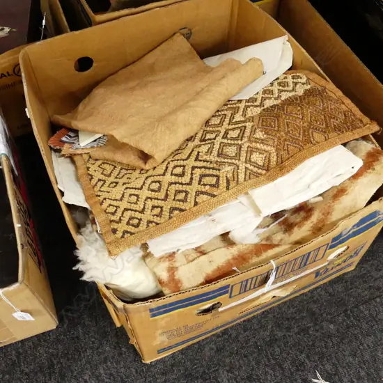 BOX LOT TAPA CLOTHS, WOVEN TRIBAL PCES, SHEEPSKIN ETC