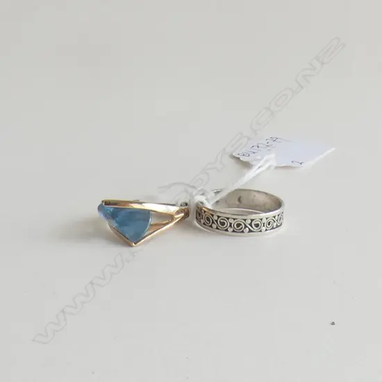 2 RINGS; 925 SILVER CELTIC DESIGN BAND  & GEOMETRIC SET BLUE STONE
