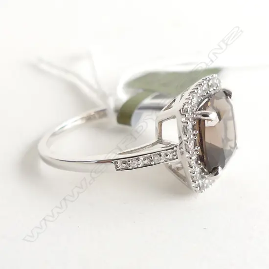 10CT WG SMOKEY QUARTZ  & CZ & 4 DIA IN SHOULDERS ONLY RING 2.5 GRAMS