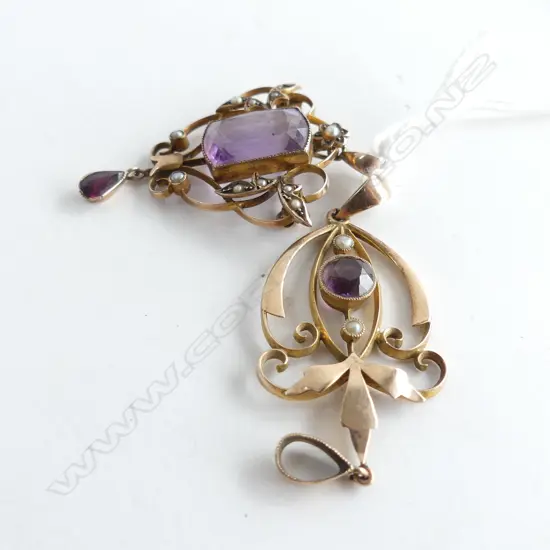 2 EDW 9CT GOLD AMETHYST SEED PEARL PENDANTS MISSING 1 amethyst & 1 seed pearl