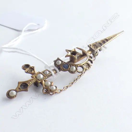 9ct GOLD C1900 SWORD BROOCH SEED PEARLS MISSING