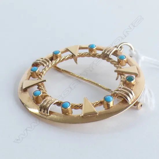 18CT GOLD BROOCH / PENDANT TURQUOISE BEADS 9.1gms