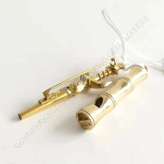 ANTIQUE GILT ANCHOR WATCH KEY + SILVER GILT BAMBOO WHISTLE PENDANT