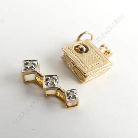 2 GOLD PENDANTS; 9CT 'BOOKWORM' + 10CT TRIPLE DIAMOND 3 GRAMS
